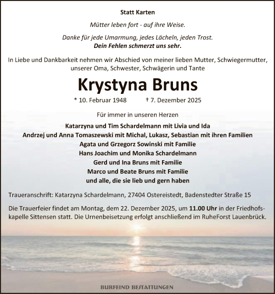 Traueranzeige von Krystyna Bruns von SYKR