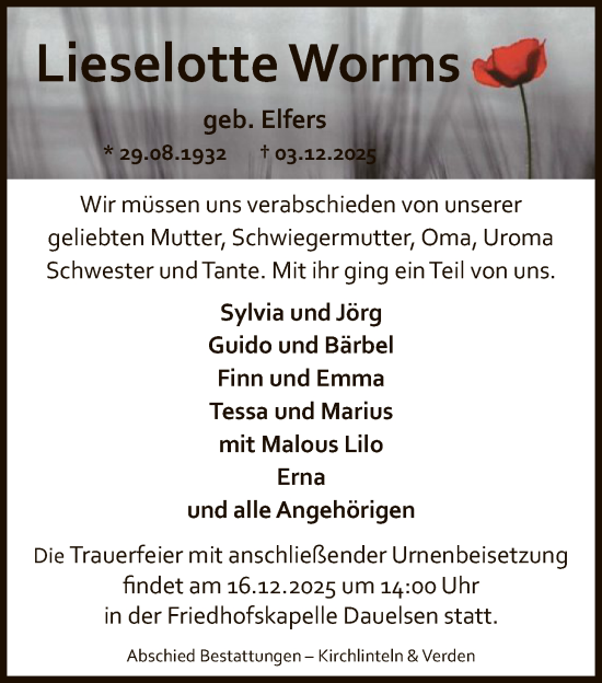 Traueranzeige von Lieselotte Worms von SYKS