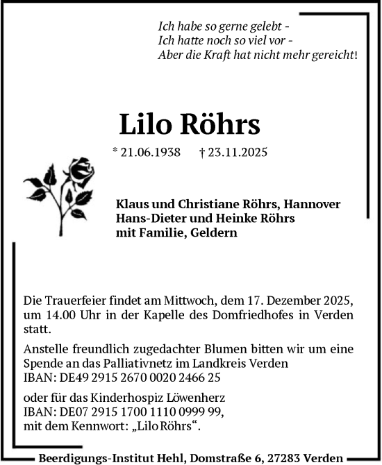 Traueranzeige von Lilo Röhrs von SYKS