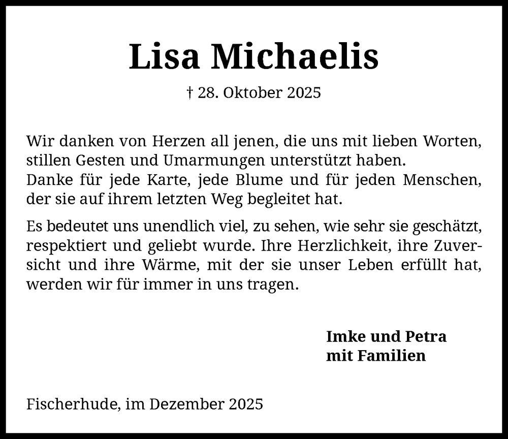  Traueranzeige für Lisa Michaelis vom 20.12.2025 aus SYKR