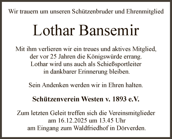 Traueranzeige von Lothar Bansemir von SYKS