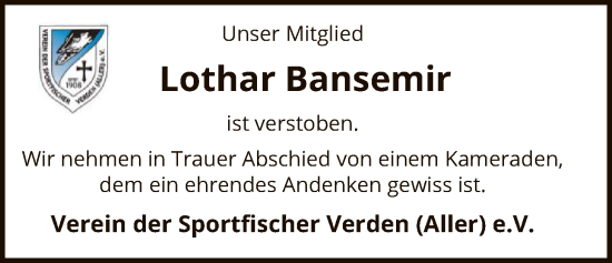 Traueranzeige von Lothar Bansemir von SYKS