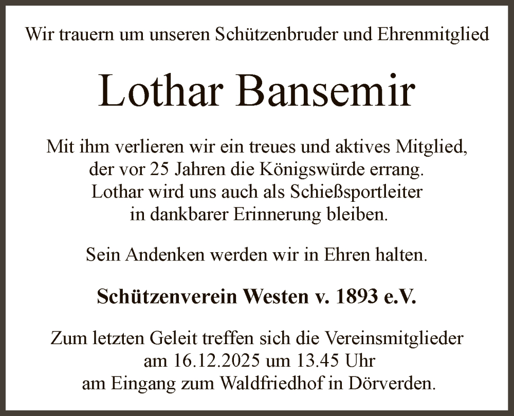  Traueranzeige für Lothar Bansemir vom 15.12.2025 aus SYKS