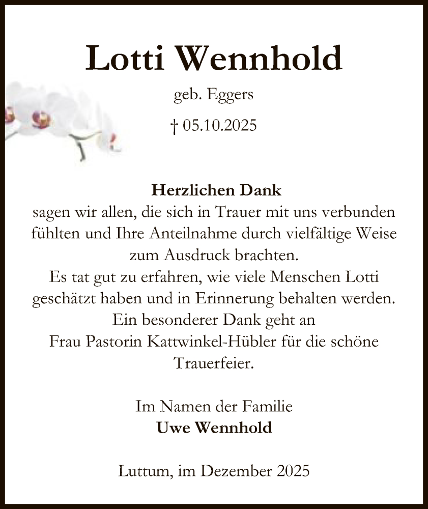  Traueranzeige für Lotti Wennhold vom 27.12.2025 aus SYKS