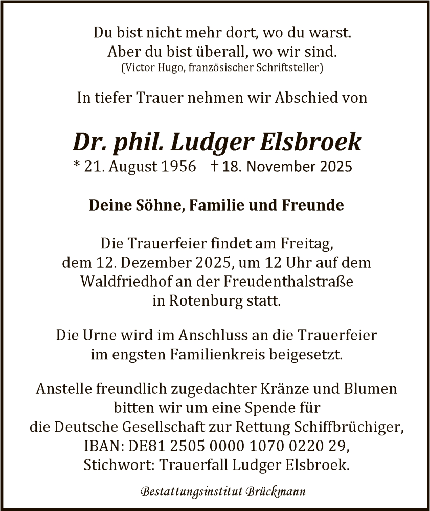  Traueranzeige für Ludger Elsbroek vom 06.12.2025 aus SYKR