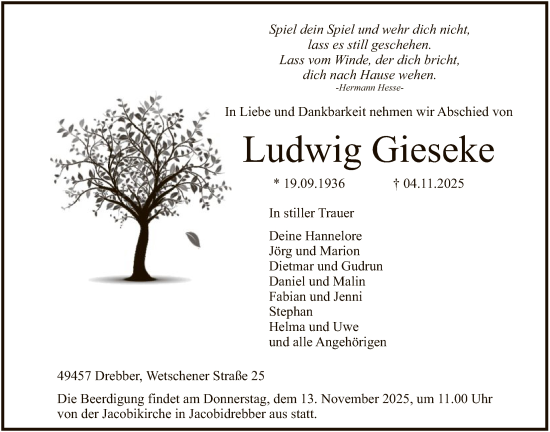 Traueranzeige von Ludwig Gieseke von SYKS