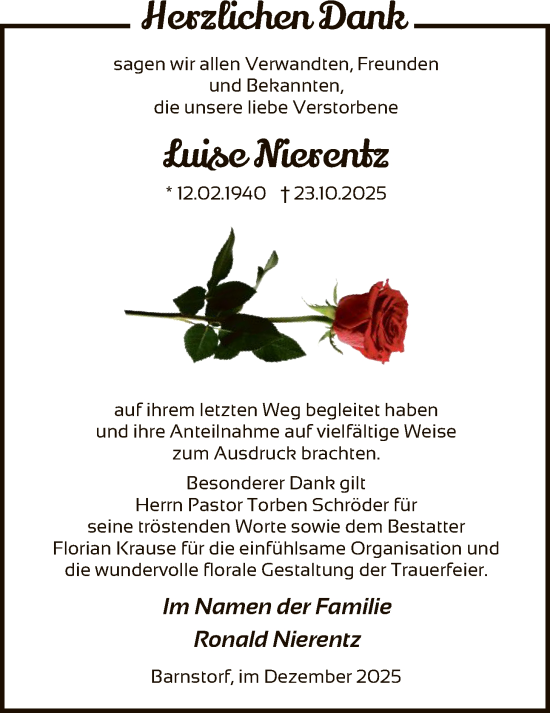 Traueranzeige von Luise Nierentz von SYKS
