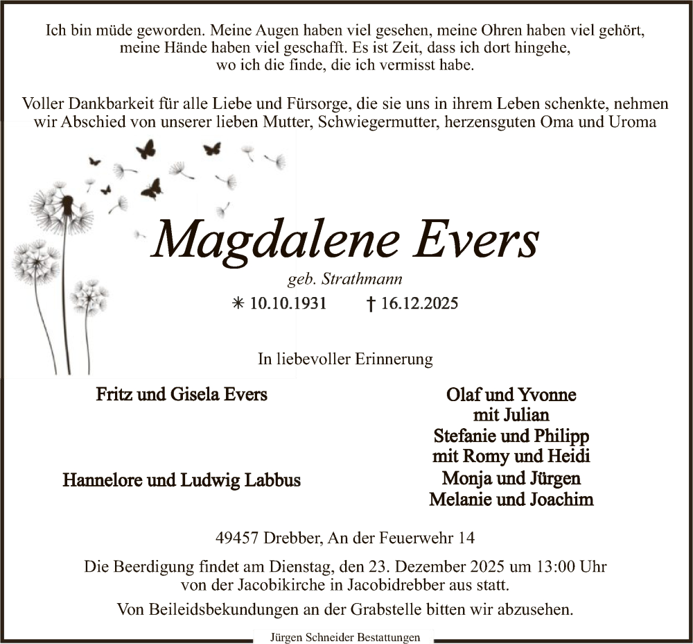 Traueranzeige für Magdalene Evers vom 19.12.2025 aus SYKS