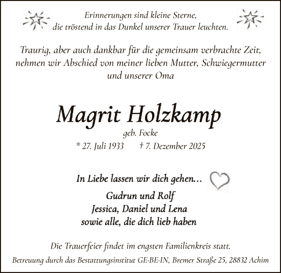 Traueranzeige von Magrit Holzkamp von SYKS