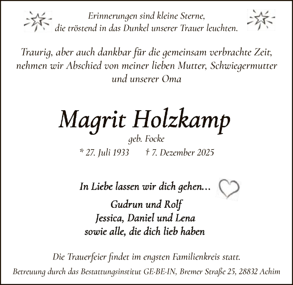  Traueranzeige für Magrit Holzkamp vom 13.12.2025 aus SYKS