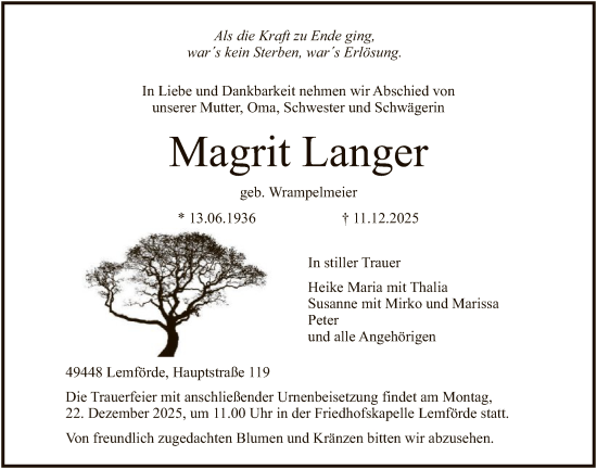 Traueranzeige von Magrit Langer von SYKS