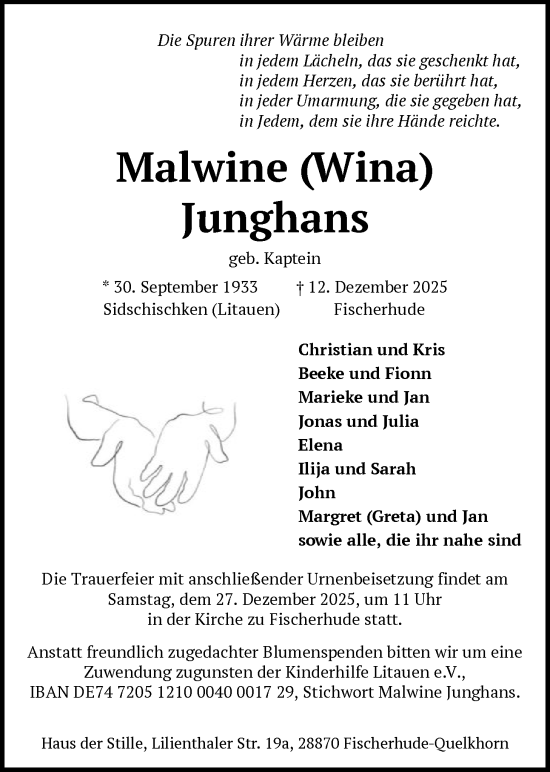 Traueranzeige von Malwine Junghans von SYKS