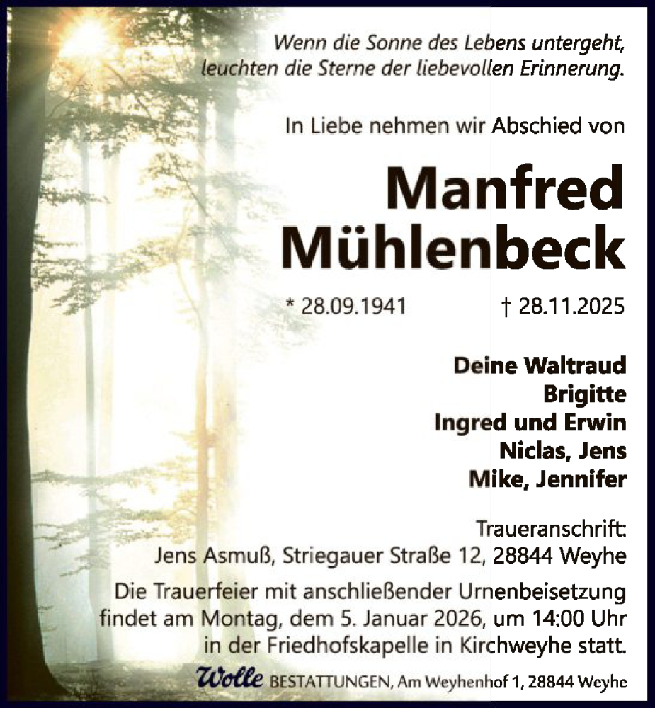  Traueranzeige für Manfred Mühlenbeck vom 13.12.2025 aus SYKS