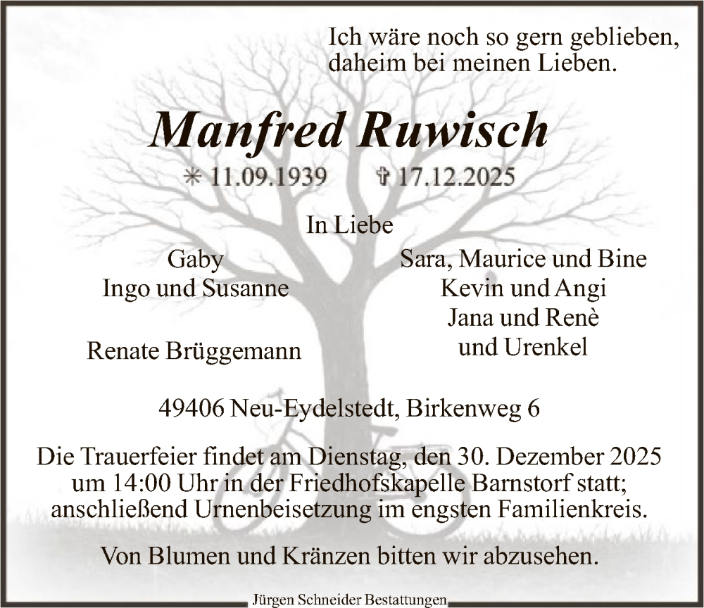  Traueranzeige für Manfred Ruwisch vom 20.12.2025 aus SYKS