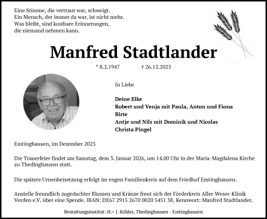 Traueranzeige von Manfred Stadtlander von SYKSSYKS