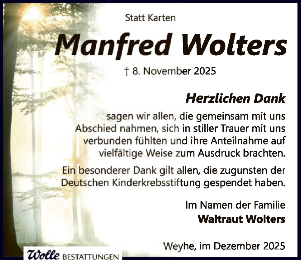  Traueranzeige für Manfred Wolters vom 13.12.2025 aus SYKSSYKS