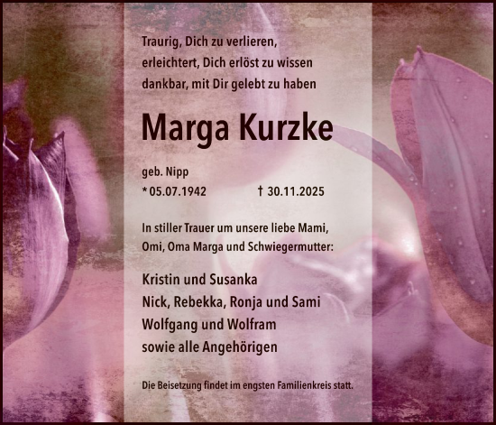 Traueranzeige von Marga Kurzke von SYKS