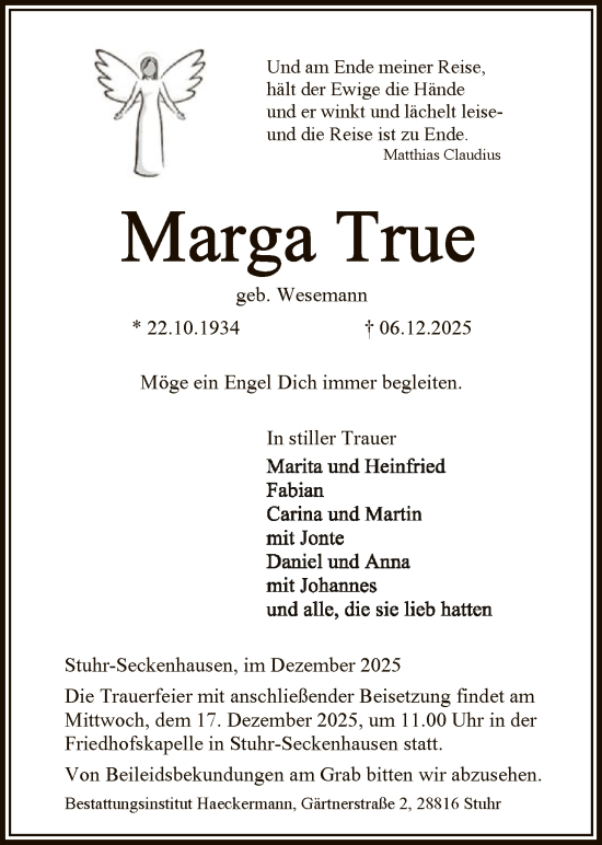 Traueranzeige von Marga True von SYKS