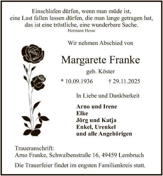 Traueranzeige von Margarete Franke von SYKS
