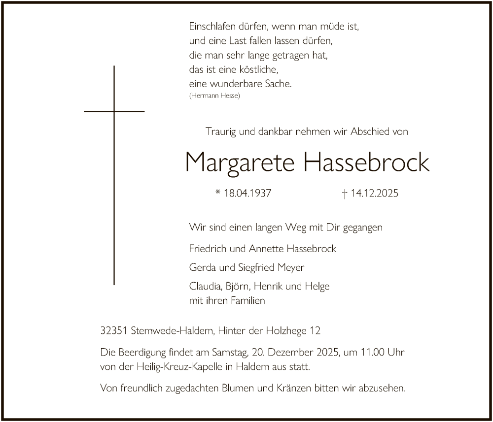  Traueranzeige für Margarete Hassebrock vom 17.12.2025 aus SYKS