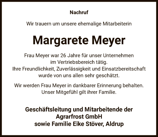 Traueranzeige von Margarete Meyer von SYWZ