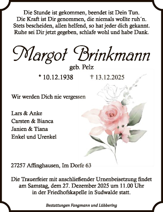 Traueranzeige von Margot Brinkmann von SYKSSYKS