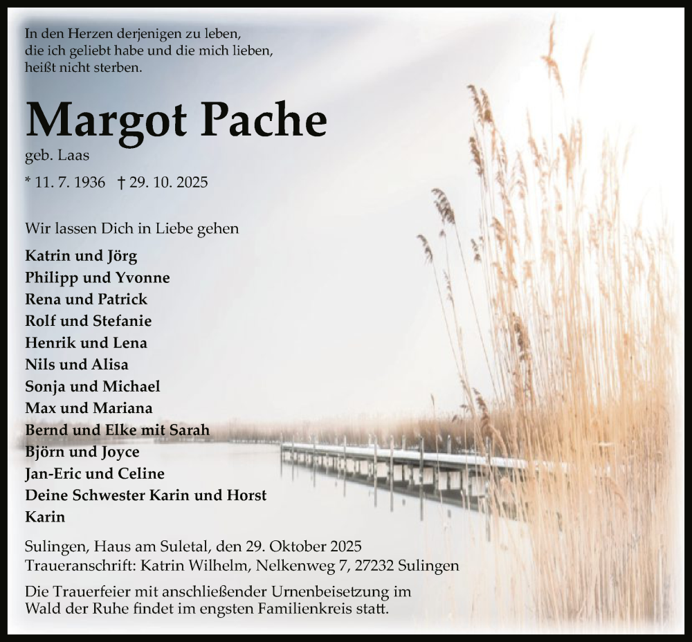  Traueranzeige für Margot Pache vom 08.11.2025 aus SYKS