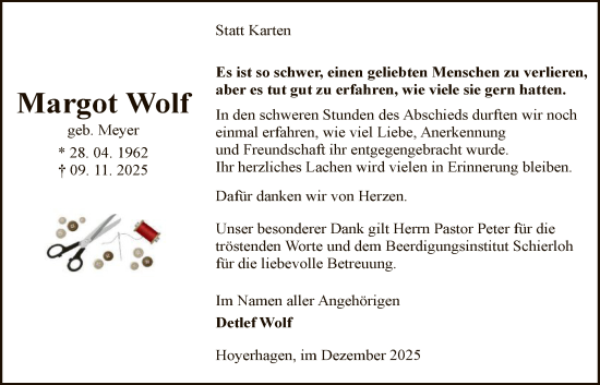 Traueranzeige von Margot Wolf von SYKS