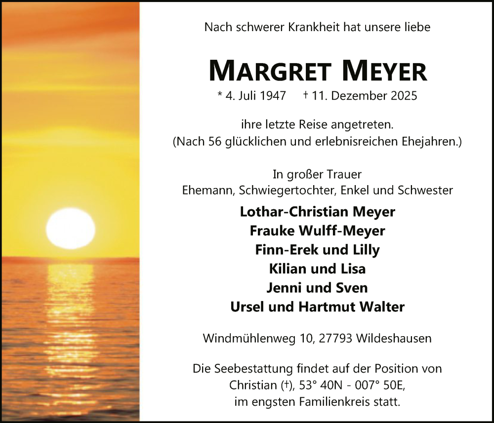  Traueranzeige für Margret Meyer vom 20.12.2025 aus SYWZ