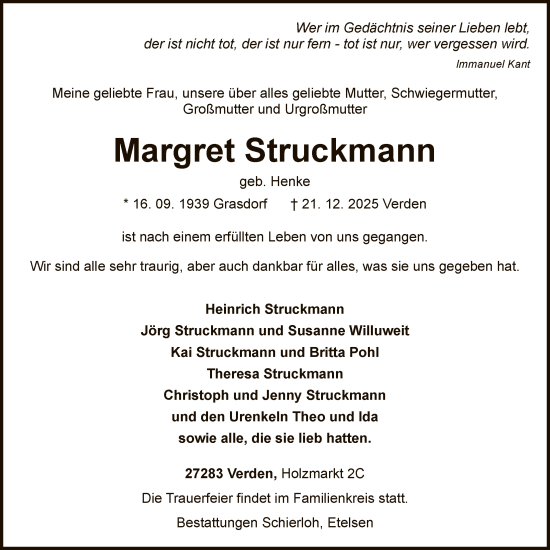 Traueranzeige von Margret Struckmann von SYKS
