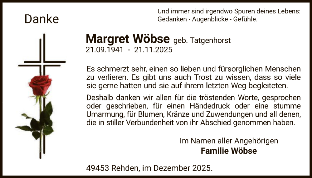  Traueranzeige für Margret Wöbse vom 20.12.2025 aus SYKS
