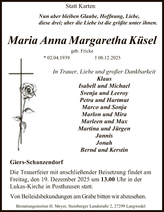 Traueranzeige von Maria Anna Margaretha Küsel von SYKS