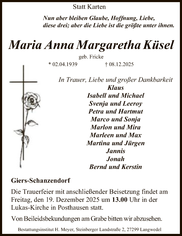 Traueranzeige für Maria Anna Margaretha Küsel vom 13.12.2025 aus SYKS