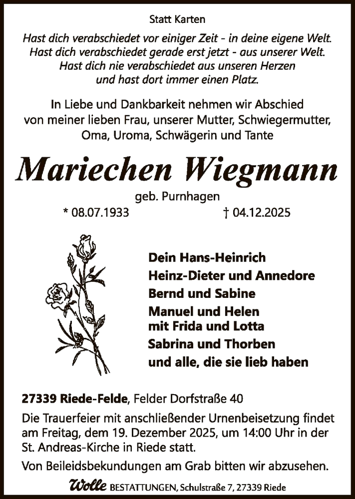  Traueranzeige für Mariechen Wiegmann vom 13.12.2025 aus SYKSSYKS
