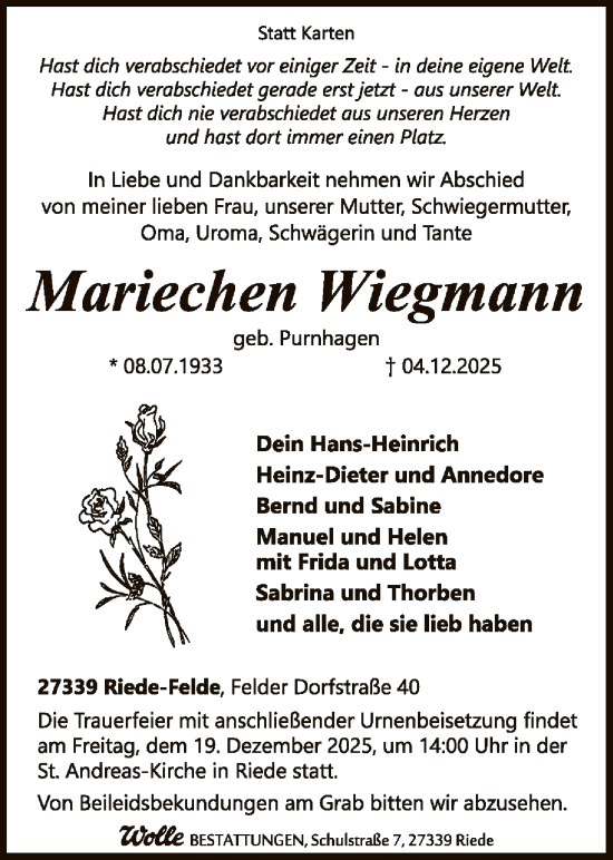 Traueranzeige von Mariechen Wiegmann von SYKSSYKS