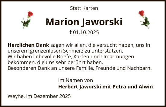 Traueranzeige von Marion Jaworski von SYKS