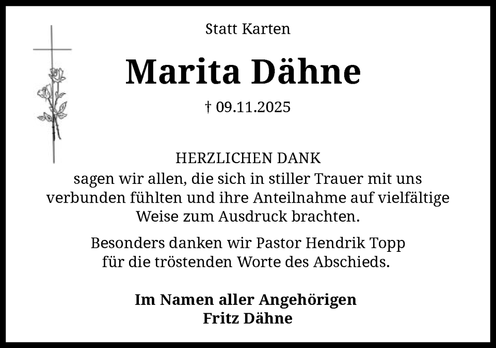  Traueranzeige für Marita Dähne vom 20.12.2025 aus SYKS