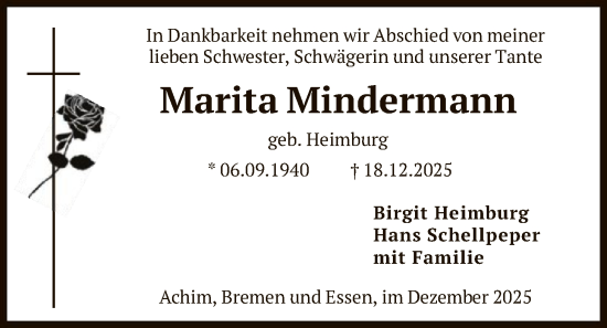 Traueranzeige von Marita Mindermann von SYKS