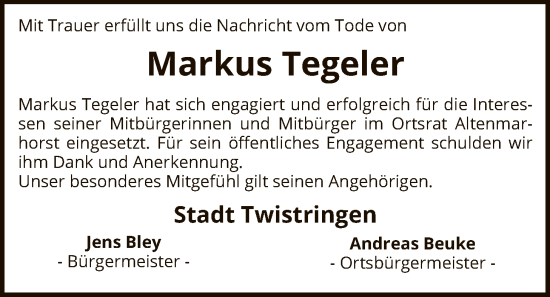 Traueranzeige von Markus Tegeler von SYKS