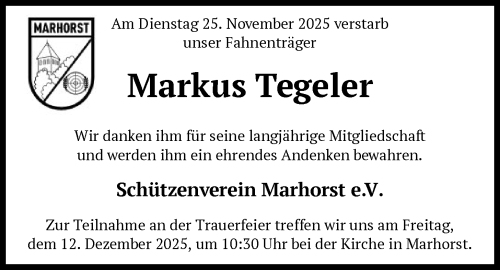  Traueranzeige für Markus Tegeler vom 04.12.2025 aus SYKS