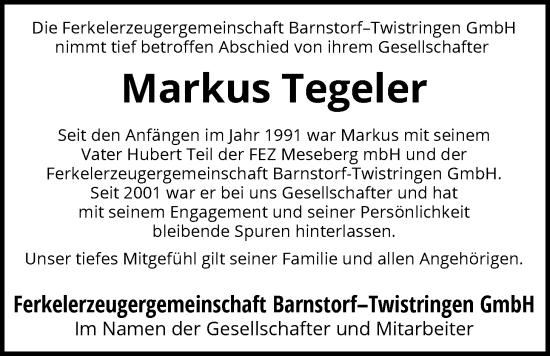 Traueranzeige von Markus Tegeler von SYKS