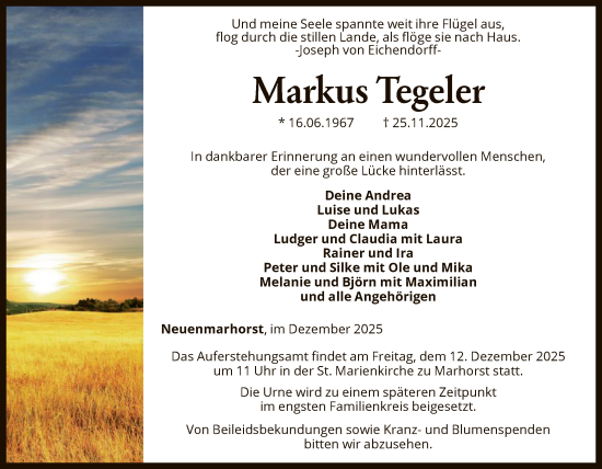 Traueranzeige von Markus Tegeler von SYKS