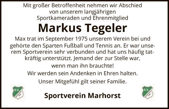 Traueranzeige von Markus Tegeler von SYKS