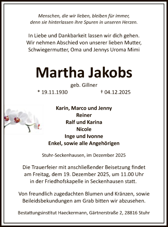 Traueranzeige von Martha Jakobs von SYKS