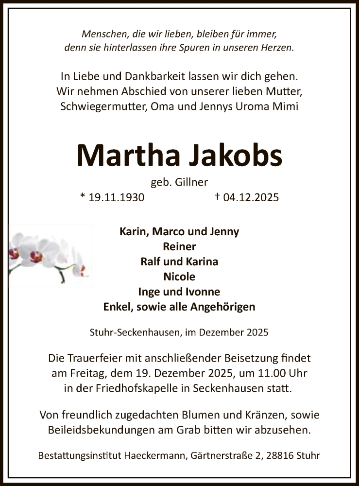  Traueranzeige für Martha Jakobs vom 13.12.2025 aus SYKS