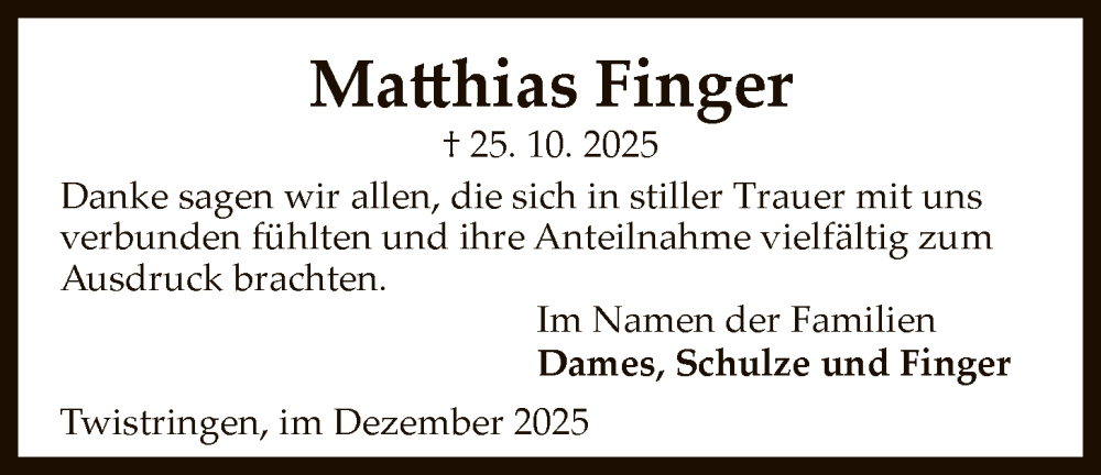  Traueranzeige für Matthias Finger vom 22.12.2025 aus SYKS