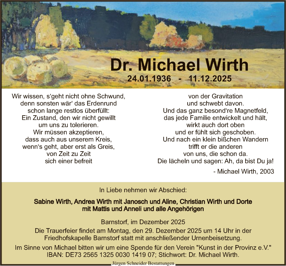  Traueranzeige für Michael Wirth vom 20.12.2025 aus SYKS