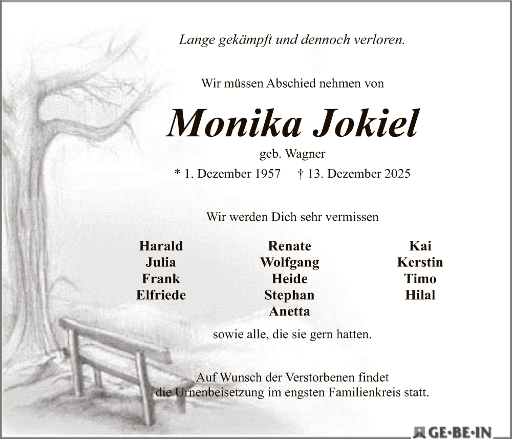  Traueranzeige für Monika Jokiel vom 20.12.2025 aus SYKS