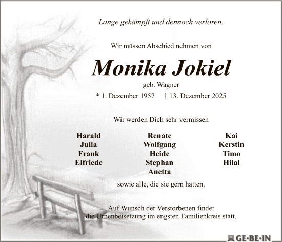 Traueranzeige von Monika Jokiel von SYKS