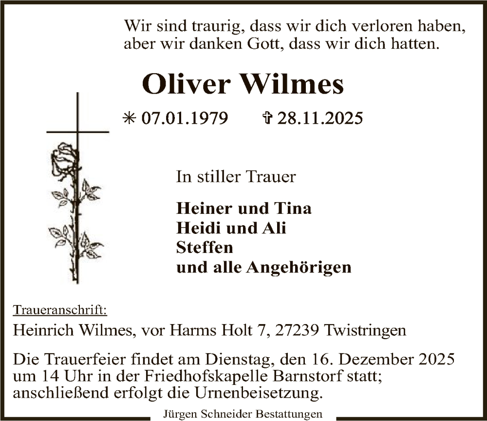  Traueranzeige für Oliver Wilmes vom 06.12.2025 aus SYKS